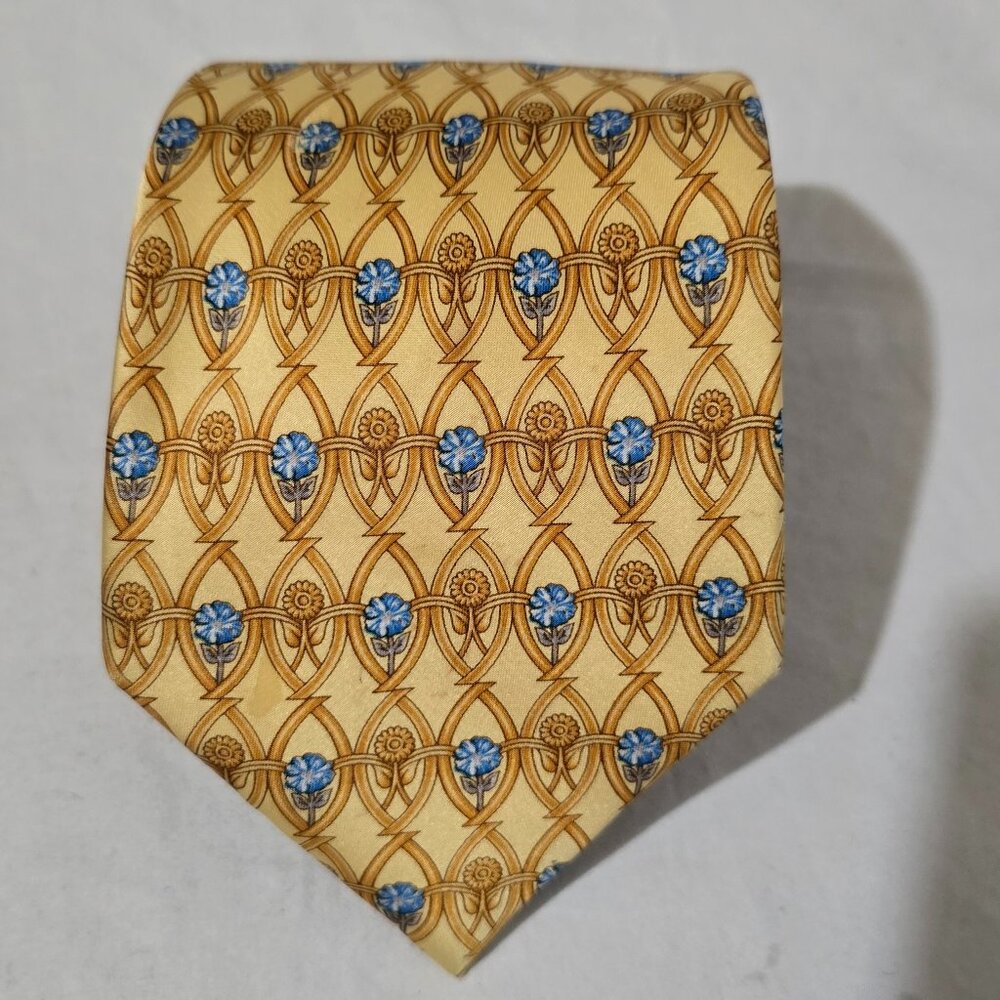 Lavin Paris Made in France 100% Silk Necktie - Gold Blue Geo -